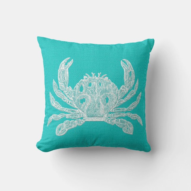 Aqua with White Crab Burlap Look Cushion (Front)