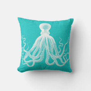 Aqua with White Octopus Burlap Look Cushion