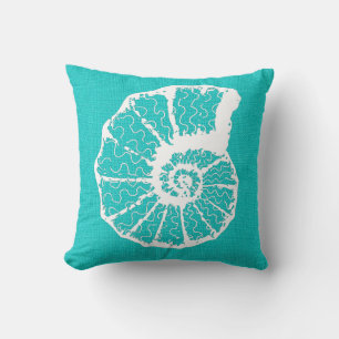 Aqua with White Spiral Seashell Burlap Look Cushion