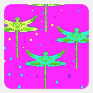 Aqua-Yellow Dragonflies Cerise Purple by SHARLES Square Sticker