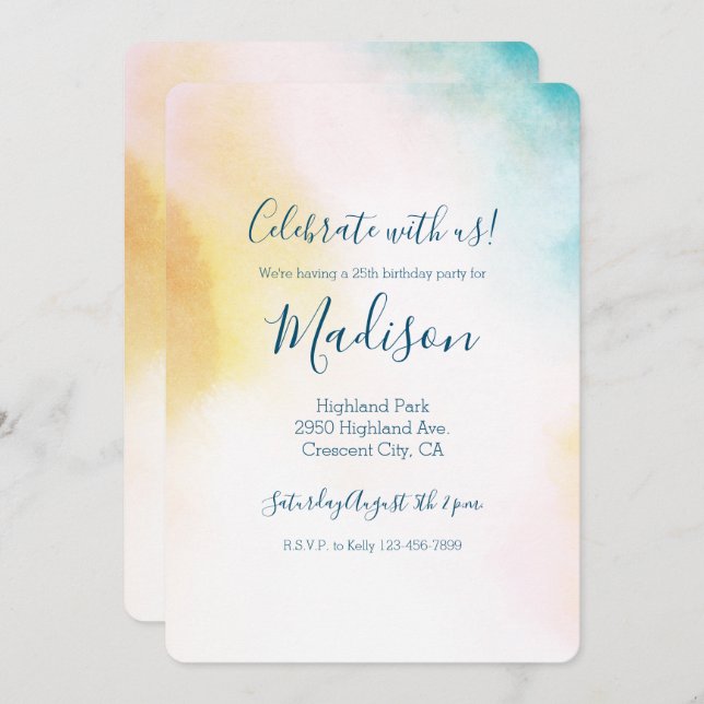 Aqua Yellow Gold Blush Tie Dye Ombre Invitation (Front/Back)