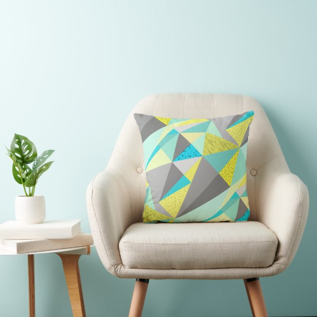 Aqua Yellow Grey Abstract Triangle Pattern Cushion (Chair)