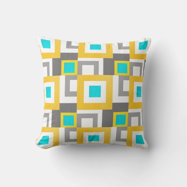 Aqua Yellow Grey White Abstract Geometric Squares Cushion (Front)