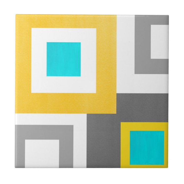 Aqua Yellow Grey White Geometric Block Ceramic Tile (Front)