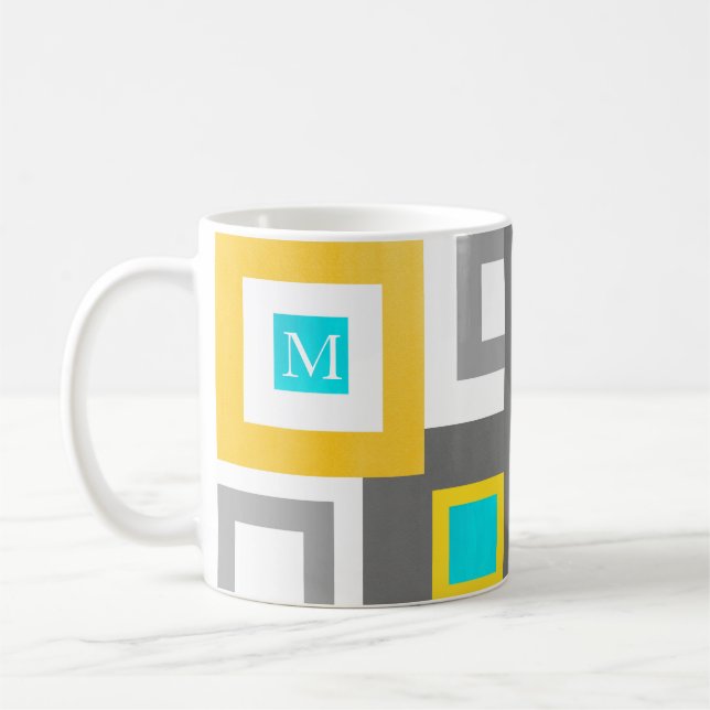 Aqua Yellow Grey White Geometric Colour Block Coffee Mug (Left)