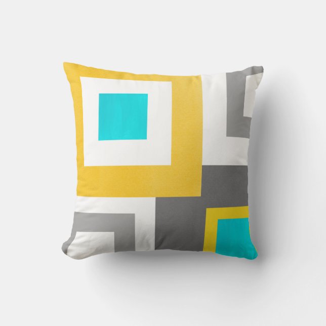 Aqua Yellow Grey White Geometric Squares Cushion (Front)