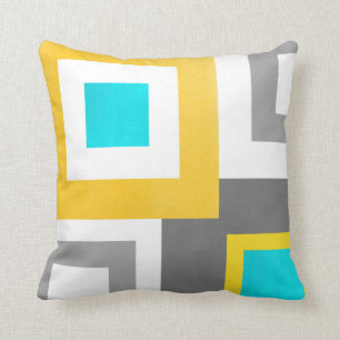 Aqua Yellow Grey White Geometric Squares Cushion