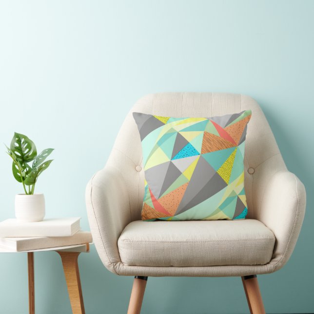 Aqua Yellow Grey Yellow Abstract Triangle Pattern Cushion (Chair)