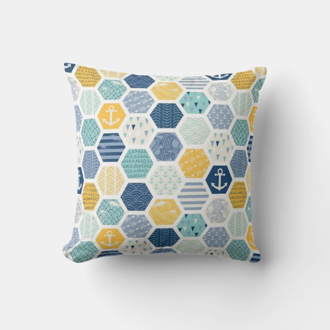Aqua Yellow Nautical Coastal Tiles Pattern Cushion (Front)