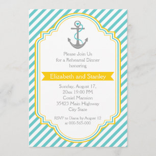 Aqua, yellow nautical wedding rehearsal dinner invitation