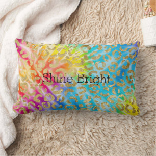 Aqua Yellow Red Tie Dye Gold Glam Leopard Print Lumbar Cushion