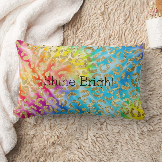 Aqua Yellow Red Tie Dye Gold Glam Leopard Print Lumbar Cushion (Blanket)