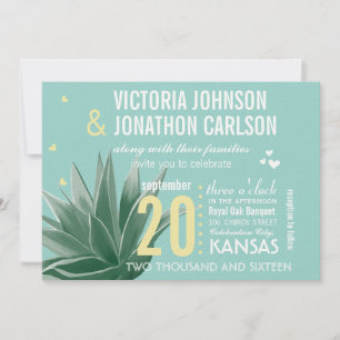Aqua Yellow Succulent ModernTypography Wedding Invitation