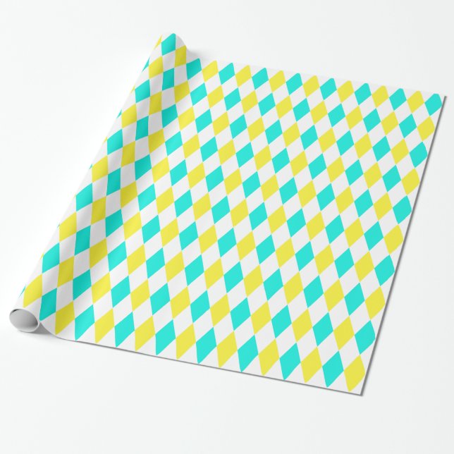 Aqua Yellow White Harlequin Diamond Pattern Wrapping Paper (Unrolled)