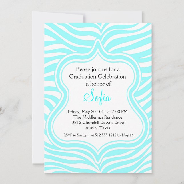 Aqua Zebra Graduation Invitation Custom Colour (Front)