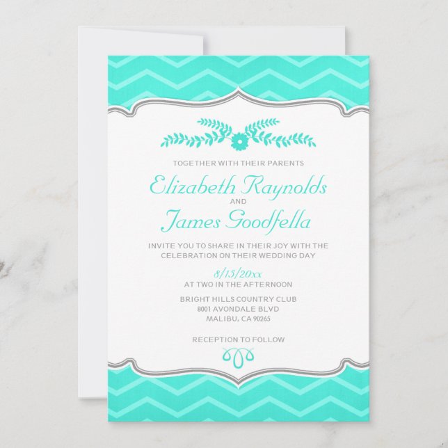Aqua Zigzag Wedding Invitations (Front)