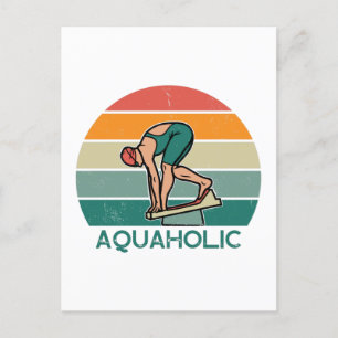 Aquaholic swimming girl sunset graphic birthday postcard