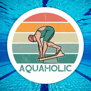 Aquaholic swimming race girl with sunset  classic round sticker