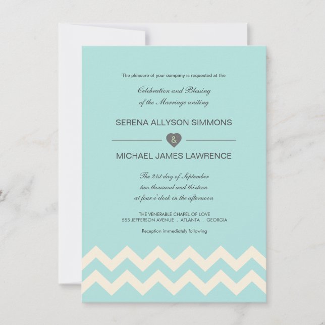 Aqual Blue and Ivory Chevron Wedding Invitations (Front)