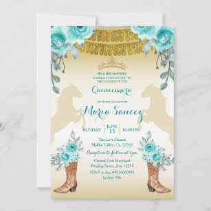 Aqual Teal Turquoise1 Horse & Boots Quinceanera Invitation