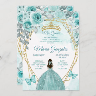 Aqual Teal Turquoise3 Butterfly & Rose Mis Quince Invitation