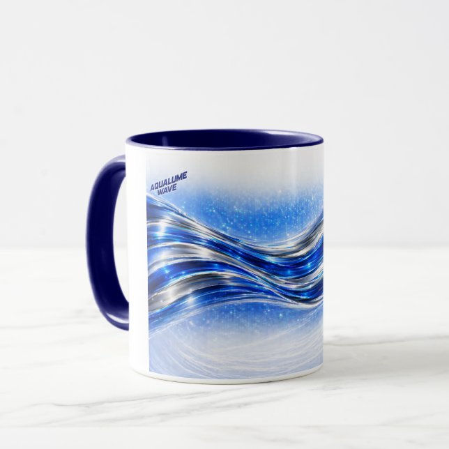 Aqualume Flow  – Blue Silver Wave Energy Mug (Front Left)