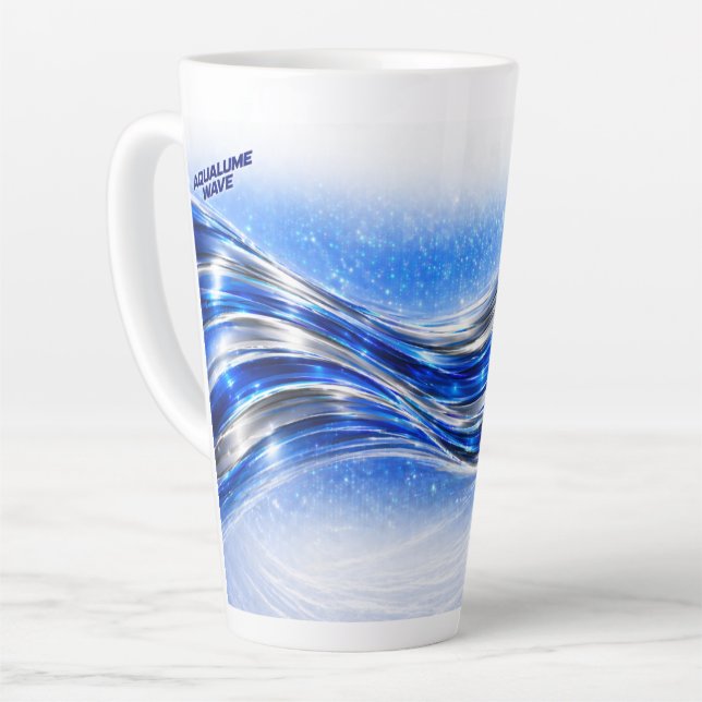 Aqualume Flow Shirt – Blue Silver Wave Energy Desi Latte Mug (Left Angle)