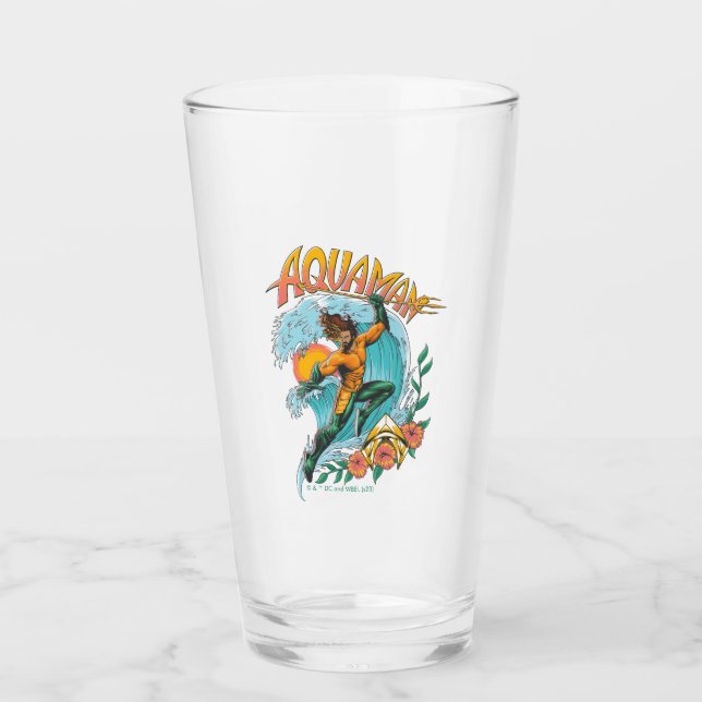 Aquaman and Trident Rising Surf Graphic Glass (Front)