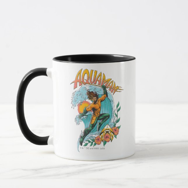 Aquaman and Trident Rising Surf Graphic Mug (Left)