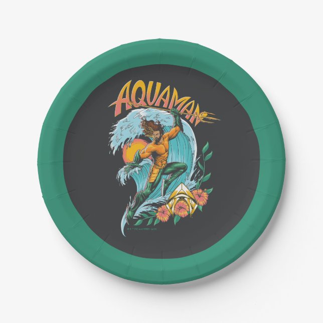 Aquaman and Trident Rising Surf Graphic Paper Plate (Front)