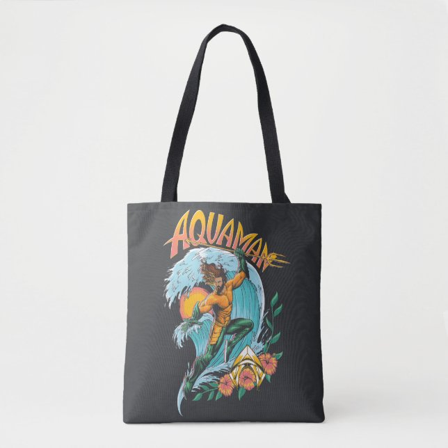 Aquaman and Trident Rising Surf Graphic Tote Bag (Front)