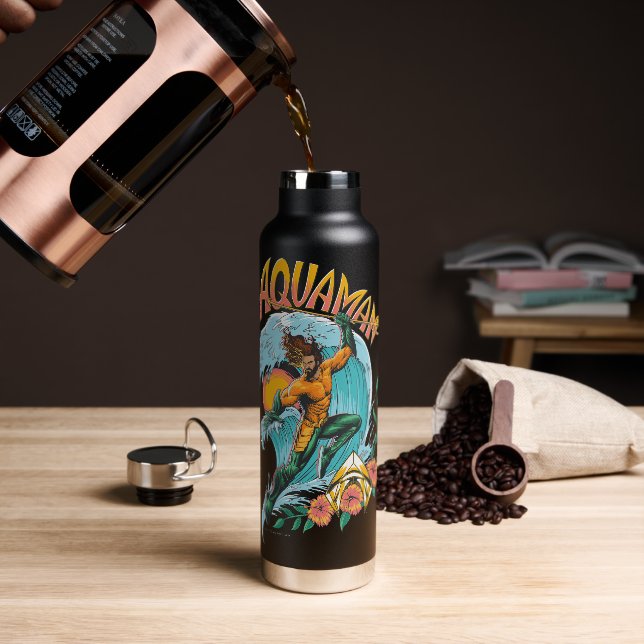 Aquaman and Trident Rising Surf Graphic Water Bottle (Coffee)