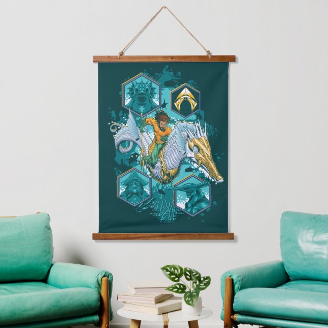 Aquaman Riding Seahorse Across Kingdoms Hanging Tapestry (Living Room)
