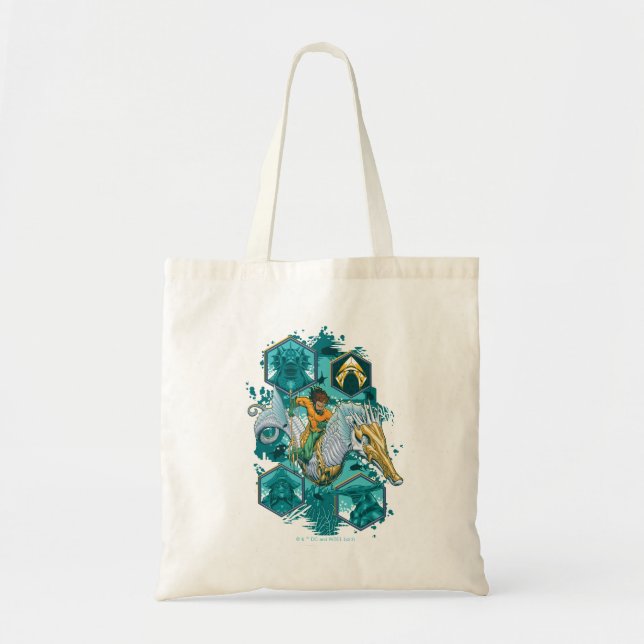 Aquaman Riding Seahorse Across Kingdoms Tote Bag (Front)