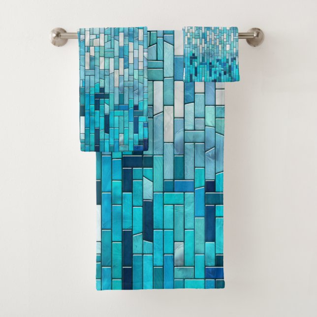 Aquamarine Abstract Mosaic Art Bath Towel Set (Insitu)