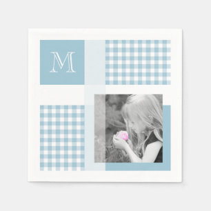 Aquamarine Add Your Photo Gingham Modern Monogram Napkin