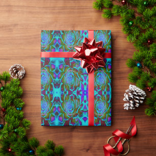 Aquamarine and Green Succulent Sedum Rosette Wrapping Paper