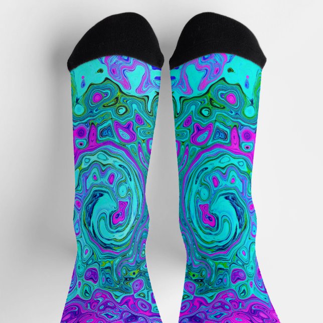 Aquamarine and Magenta Cool Retro Liquid Swirl Socks (Top)