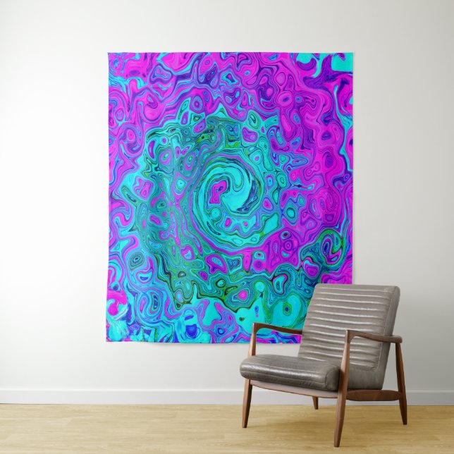 Aquamarine and Magenta Cool Retro Liquid Swirl Tapestry (In Situ)