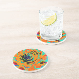 Aquamarine and Orange Succulent Sedum Rosette Coaster