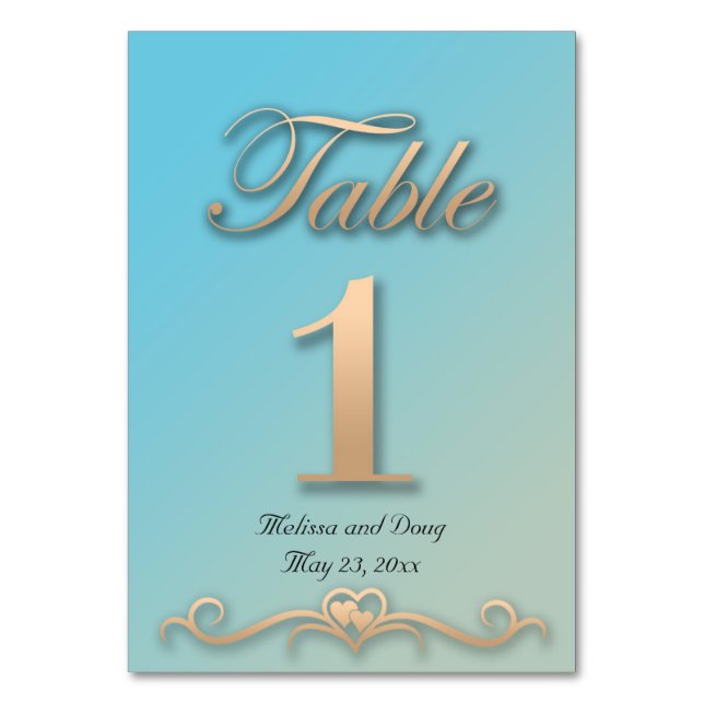 Aquamarine and Peach Wedding Table Cards (Front)