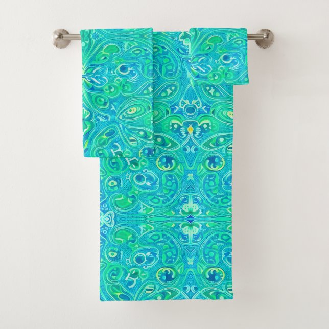 Aquamarine Arabesque Bohemian Pattern  Bath Towel Set (Insitu)