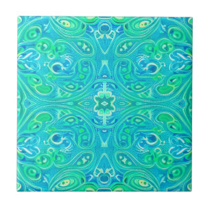 Aquamarine Arabesque Bohemian Pattern  Ceramic Tile