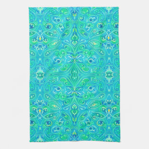 Aquamarine Arabesque Bohemian Pattern Tea Towel