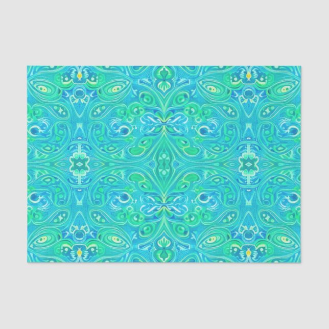 Aquamarine Arabesque Bohemian Pattern Tissue Paper (Front)