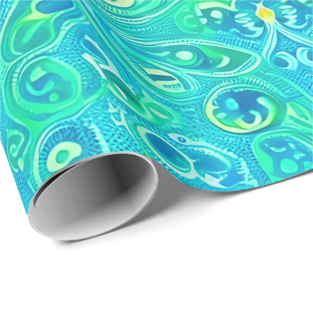 Aquamarine Arabesque Bohemian Pattern Wrapping Paper (Roll Corner)