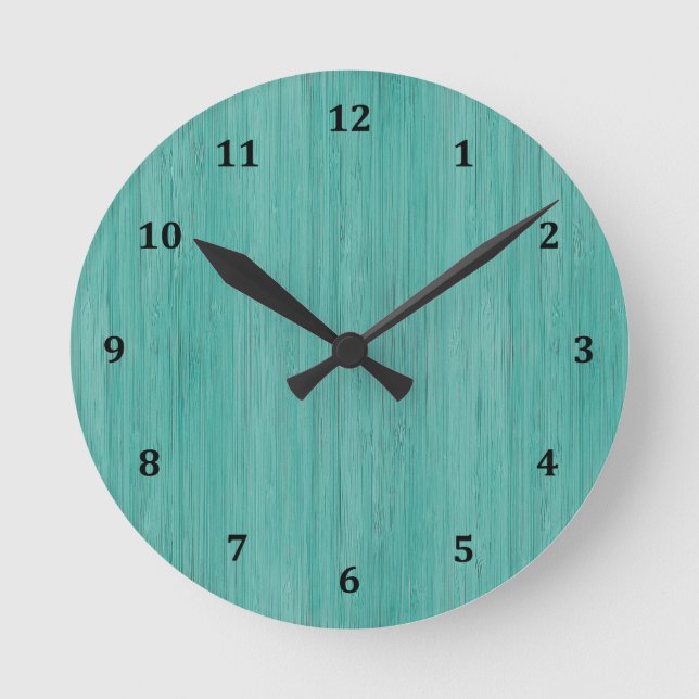 Aquamarine Bamboo Wood Grain Look Round Clock (Front)