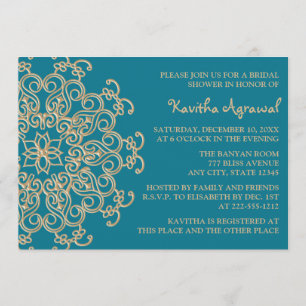 AQUAMARINE BLUE  and Gold Indian Bridal Shower Invitation