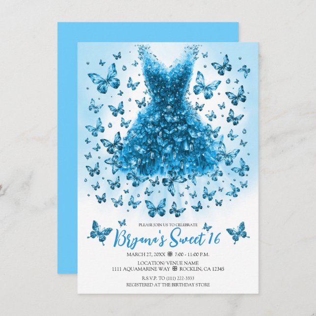 Aquamarine Blue Butterfly Dress March Birthstone Invitation (Front/Back)