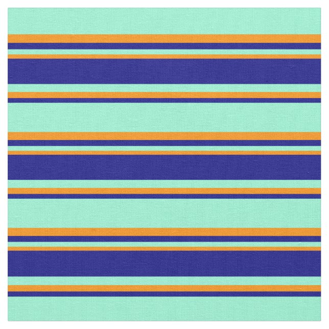 Aquamarine, Blue & Dark Orange Coloured Lines Fabric (Close Up)